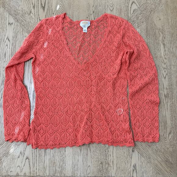 Talbots Mercerized Cotton Lace Look Sweater Peach Orange Medium - Picture 1 of 8